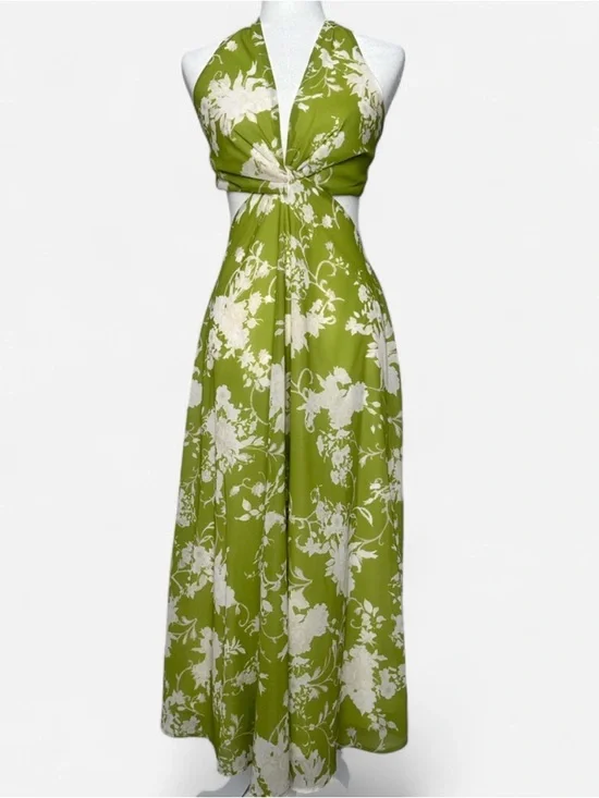 BRAND NEW - Vici Colllection Green Floral Halter Midi Dress - Size Medium - Picture 2 of 7
